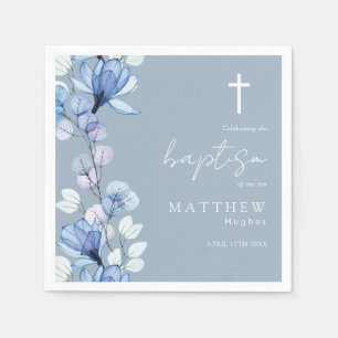 Elegant Dusty Blue Transparent Floral Baptism Napkin