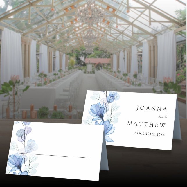 Elegant Dusty Blue Transparent Floral Wedding Place Card (Elegant Dusty Blue Transparent Floral Wedding Place Card)