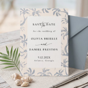 Elegant Dusty Blue Tropical Toile Coastal Save the Invitation