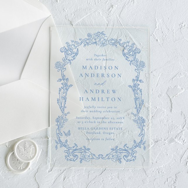 Elegant Dusty Blue Victorian Floral Frame Wedding Acrylic Invitations (Creator Uploaded)