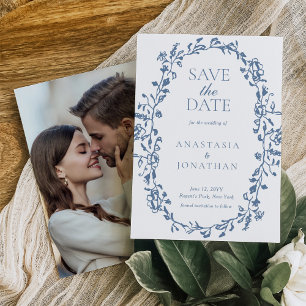 Elegant Dusty Blue Victorian Floral Photo Wedding Save The Date