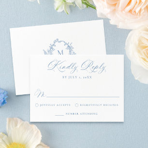 Elegant Dusty Blue Victorian Floral Wedding RSVP Card