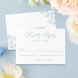 Elegant Dusty Blue Victorian Floral Wedding RSVP Card
