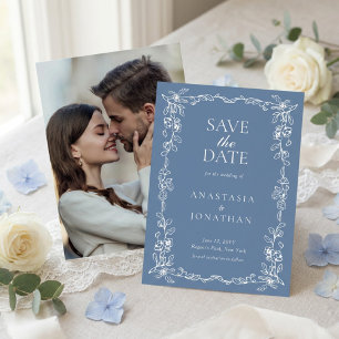 Elegant Dusty Blue Vintage Floral Photo Wedding Save The Date