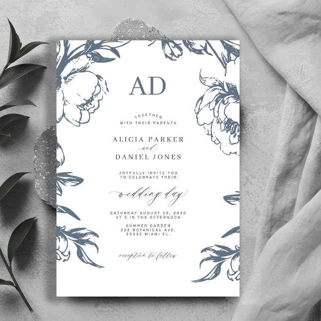 Elegant dusty blue vintage floral wedding invitation (Creator Uploaded)