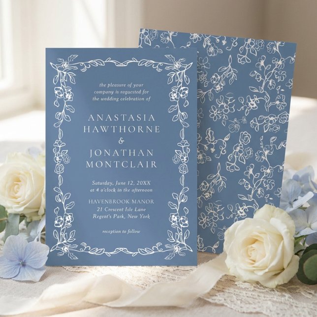 Elegant Dusty Blue Vintage Floral Wedding Invitation (Creator Uploaded)