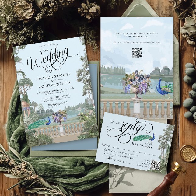 Elegant Dusty Blue Vintage Garden Greenery Wedding Invitation (Unique vintage French peacock garden rococo chinoiserie greenery floral old money wedding invite)