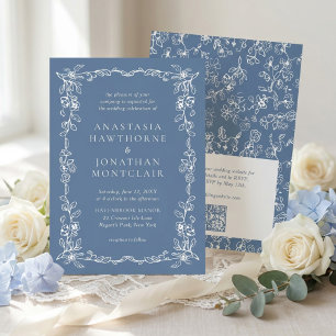 Elegant Dusty Blue Vintage QR Code RSVP Wedding Invitation