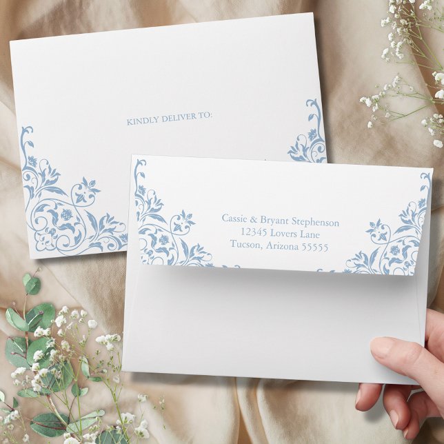 Elegant Dusty Blue Vintage Romantic Wedding Envelope (Elegant dusty blue formal vintage wedding invitation envelopes for romantic blue and white theme)