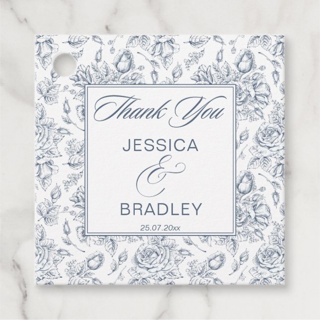 Elegant dusty blue vintage roses pattern wedding favour tags (Front)