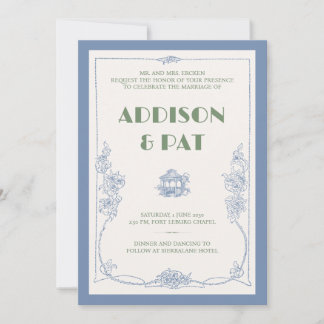 Elegant Dusty Blue Vintage Wedding Invitation