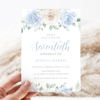 Elegant Dusty Blue Watercolor 70th Birthday Party Invitation