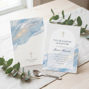 Elegant Dusty Blue Watercolor Arch Minimal Baptism Invitation