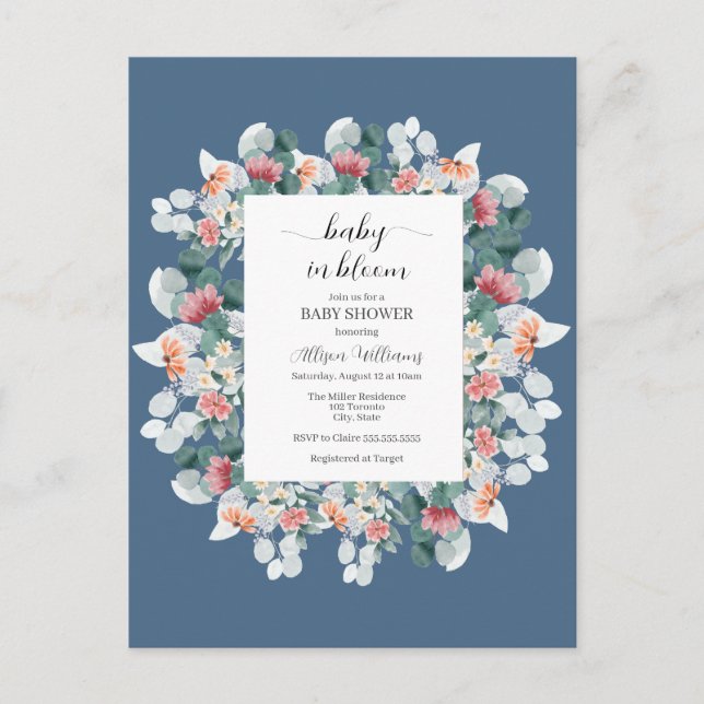 Elegant dusty blue watercolor baby shower  invitation postcard (Front)