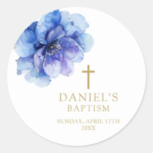 Elegant Dusty Blue Watercolor Floral Baptism Classic Round Sticker