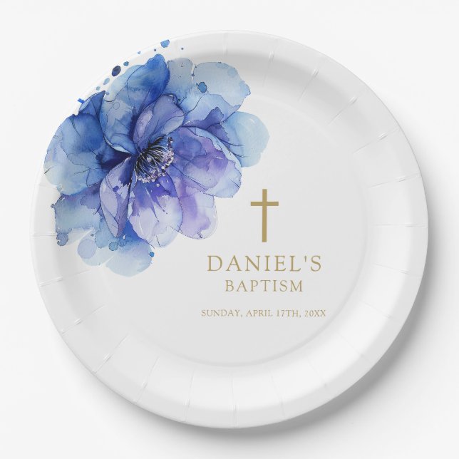 Elegant Dusty Blue Watercolor Floral Baptism Paper Plate (Front)