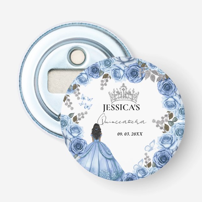 Elegant Dusty Blue Watercolor Floral Quinceañera Bottle Opener (Front)