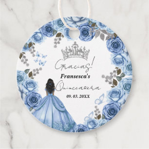 Elegant Dusty Blue Watercolor Floral Quinceañera Favour Tags