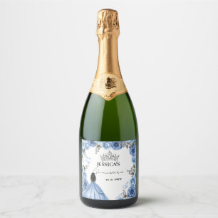 Elegant Dusty Blue Watercolor Floral Quinceañera Sparkling Wine Label