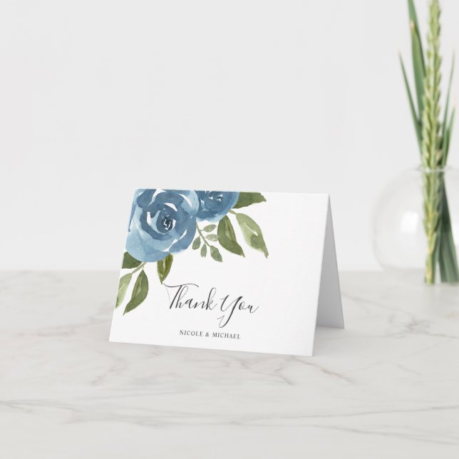 Elegant Dusty Blue Watercolor Floral Thank You Card (Front)