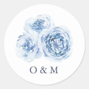 Elegant dusty blue watercolor floral wedding classic round sticker