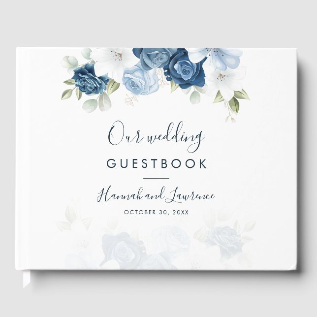Elegant Dusty Blue Watercolor Floral Wedding Guest Book (Front)