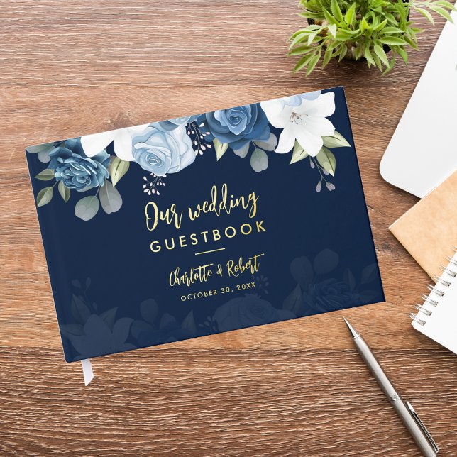Elegant Dusty Blue Watercolor Floral Wedding Guest Book (Dusty Blue Floral Wedding Gold Foil Guest Book)