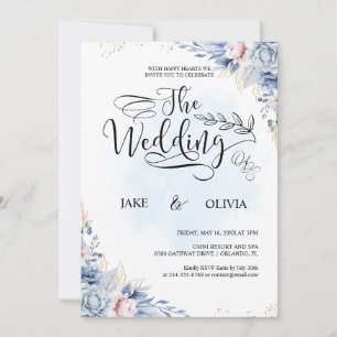 Elegant Dusty Blue Watercolor Floral Wedding Invitation