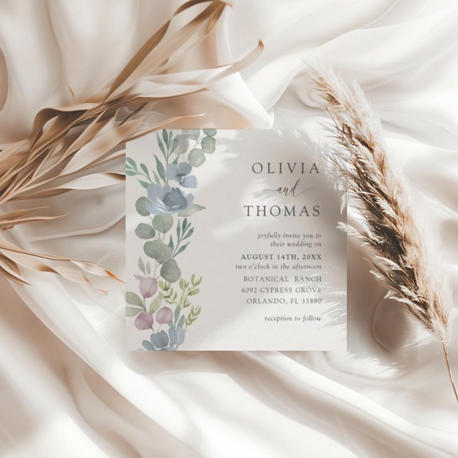 Elegant Dusty Blue Watercolor Floral Wedding Invitation (Creator Uploaded)