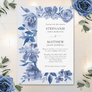 Elegant Dusty Blue Watercolor Floral Wedding Invitation