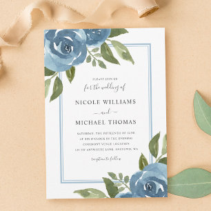 Elegant Dusty Blue Watercolor Floral Wedding Invitation