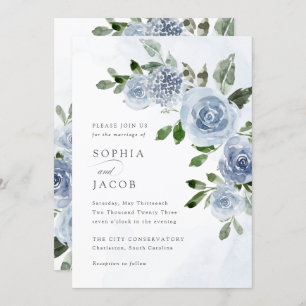 Elegant Dusty Blue Watercolor Floral Wedding Invitation