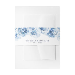 Elegant dusty blue watercolor floral wedding invitation belly band