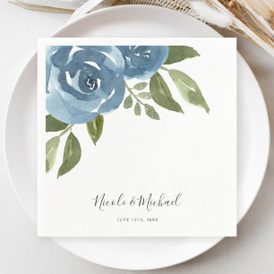 Elegant Dusty Blue Watercolor Floral Wedding Napkin