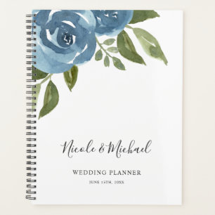 Elegant Dusty Blue Watercolor Floral Wedding Planner