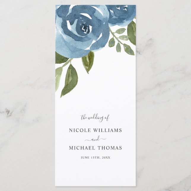Elegant Dusty Blue Watercolor Floral Wedding Programme (Front)