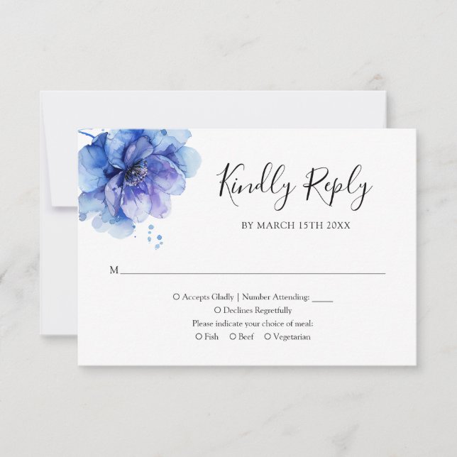 Elegant Dusty Blue Watercolor Floral Wedding RSVP Card (Front)