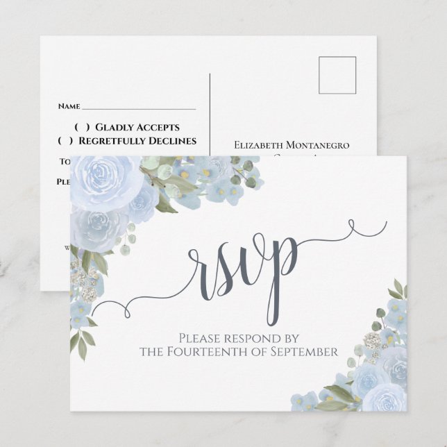 Elegant Dusty Blue Watercolor Floral Wedding RSVP Postcard (Front/Back)