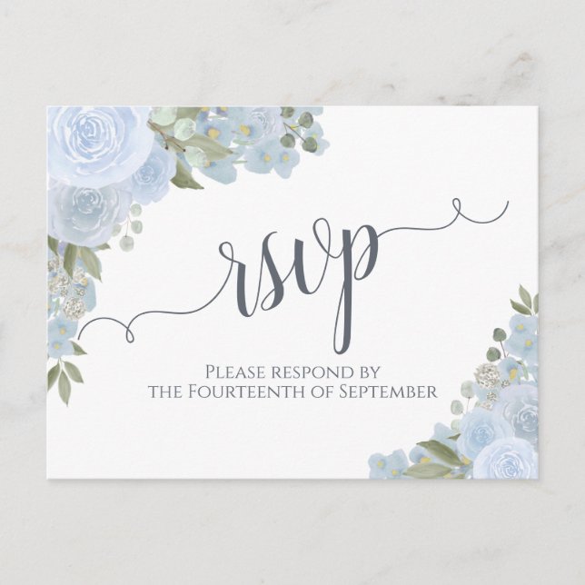 Elegant Dusty Blue Watercolor Floral Wedding RSVP Postcard (Front)