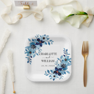 elegant dusty Blue watercolor flower bouquet Paper Plate