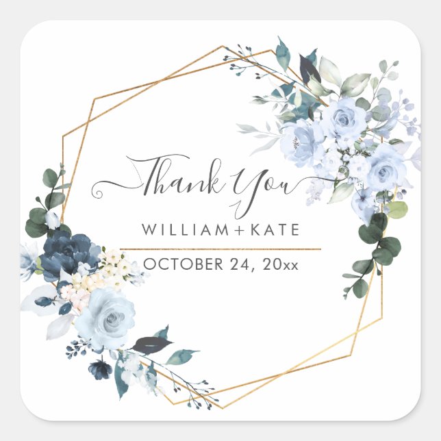 Elegant Dusty Blue Watercolor Flowers Thank You Square Sticker (Front)