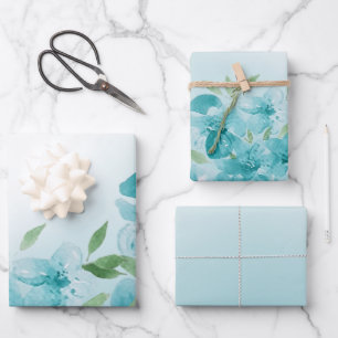 Elegant Dusty Blue Watercolor Flowers Wrapping Paper Sheet