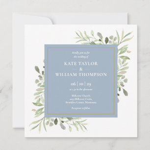 Elegant Dusty Blue Watercolor Greenery Wedding Invitation