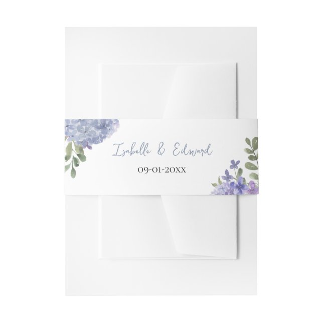 Elegant Dusty Blue Watercolor Hydrangeas Wedding Invitation Belly Band (Front Example)