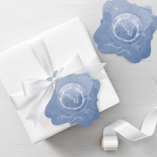 Elegant Dusty Blue Watercolor Monogram Wedding Favour Tags