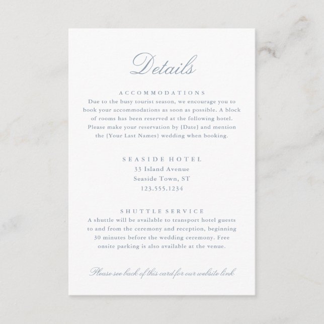 Elegant Dusty Blue Wedding Details Hotel QR code Enclosure Card (Front)