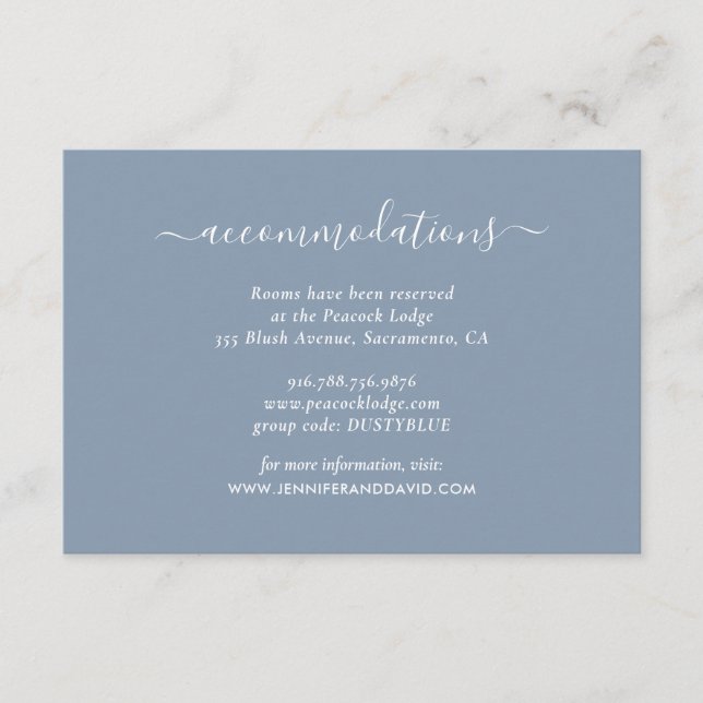 Elegant Dusty Blue Wedding Hotel Accommodation Enclosure Card (Front)