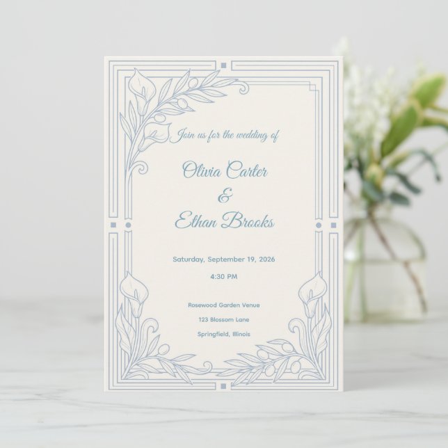Elegant Dusty Blue Wedding Invitation (Standing Front)
