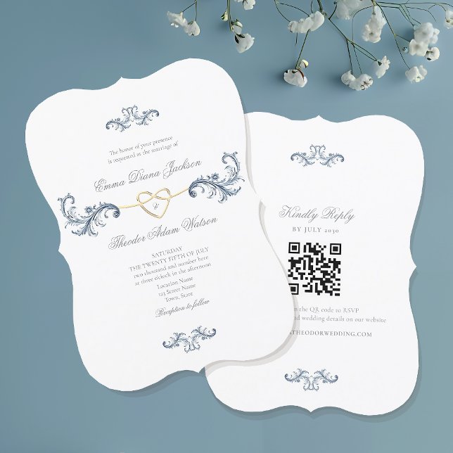 Elegant Dusty Blue Wedding Invitation with QR Code (Creator Uploaded)