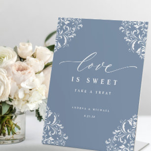 Elegant Dusty Blue Wedding Love is Sweet Pedestal Sign